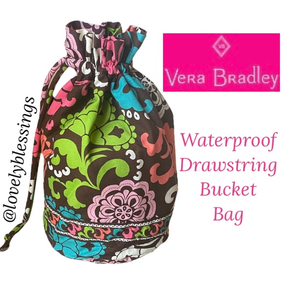 Vera Bradley Handbags - Vera Bradley Drawstring Bucket Bag Floral Waterproof Interior Brown Blue Pink